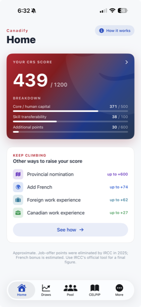 Canadify app — your CRS score and the top ways to raise it